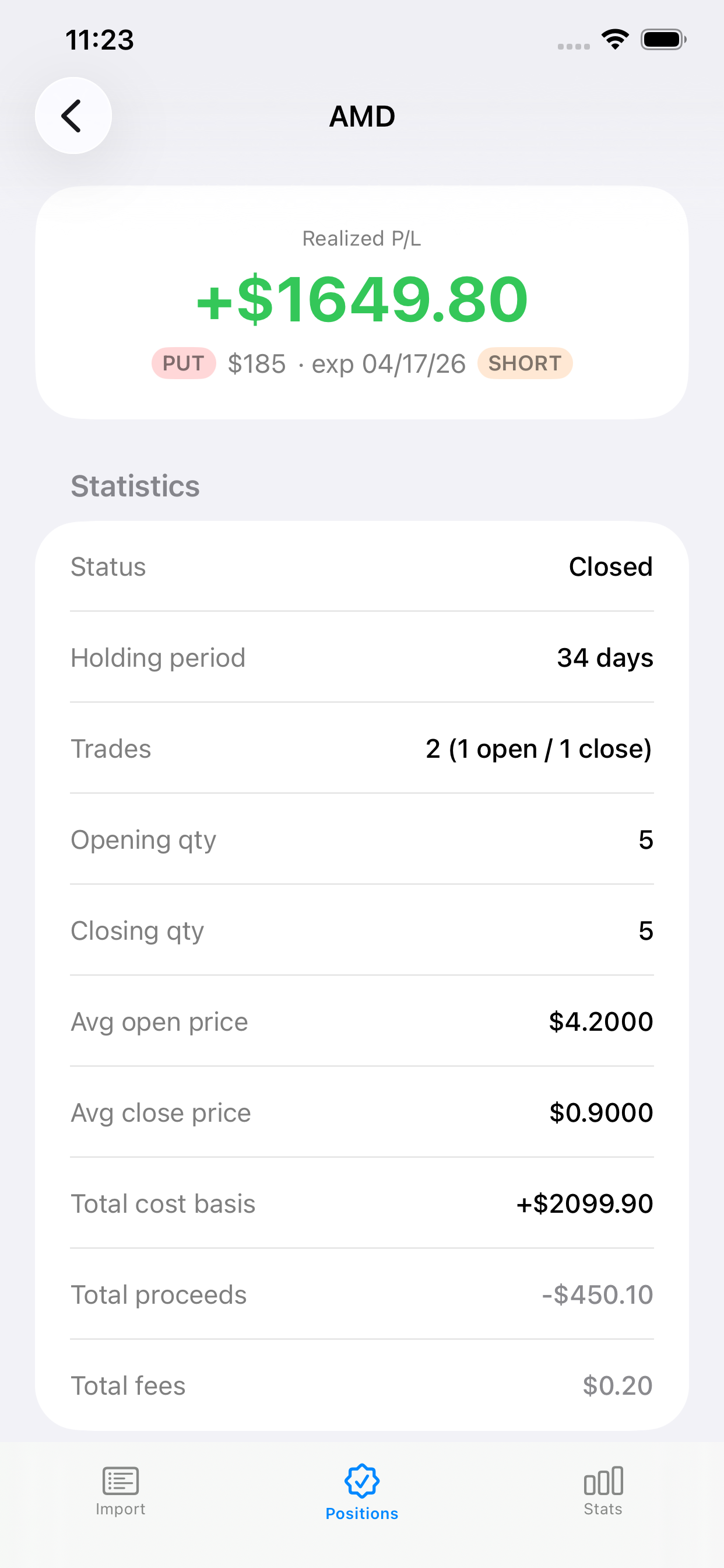 TradeTracker position detail